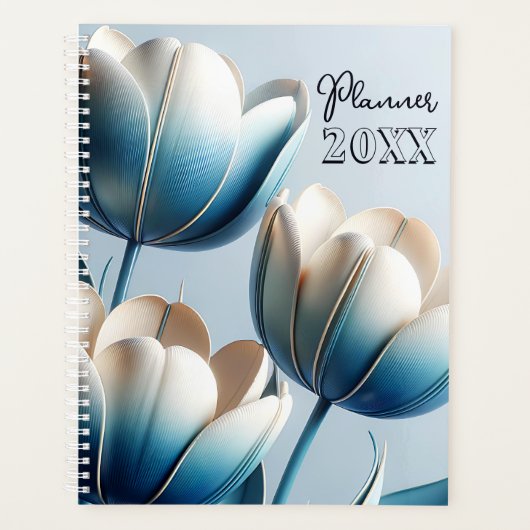 Elegante Blauwe en Witte Tulpen Planner (Voorkant)