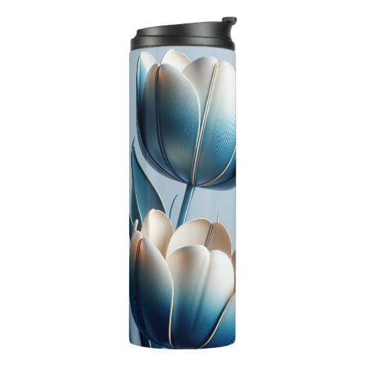 Elegante Blauwe en Witte Tulpen Thermosbeker (Gedraaid links)