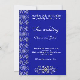 Elegante Blauwe en Zilveren Bloemen Huwelijksuitno Kaart