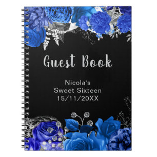 Elegante Blauwe en Zilveren Bloemen Sweet Sixteen Notitieboek