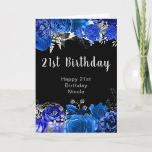 Elegante Blauwe en Zilveren Bloemen Verjaardagsfee Kaart