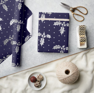 Elegante blauwe en zilveren folie kerst hulst cadeaupapier