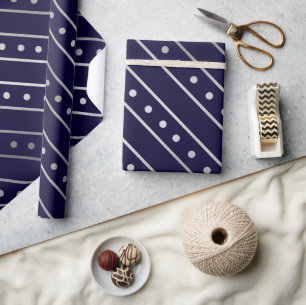 Elegante blauwe en zilveren folie kerststrepen cadeaupapier