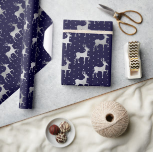 Elegante Blauwe en Zilveren Folie Rendier Kerst Cadeaupapier