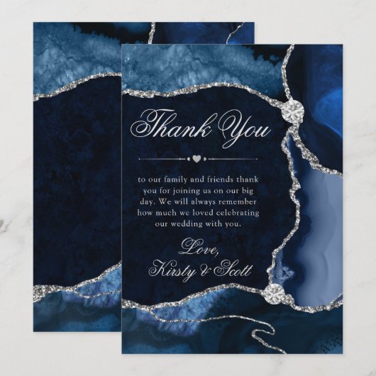 Elegante Blauwe en Zilveren Glitter Agaat Wedding Bedankkaart (Voorkant / Achterkant)