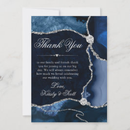 Elegante Blauwe en Zilveren Glitter Agate Huwelijk Bedankkaart