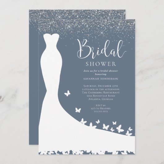 Elegante Blauwe en Zilveren Glitter Bruidsfeest Ui Kaart (Voorkant / Achterkant)