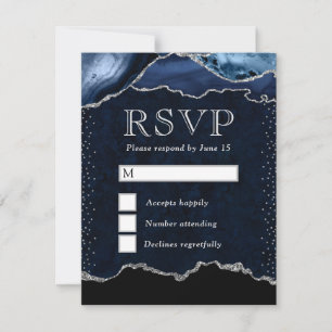 Elegante Blauwe en Zilveren Glitter Marmer Agate RSVP Kaartje