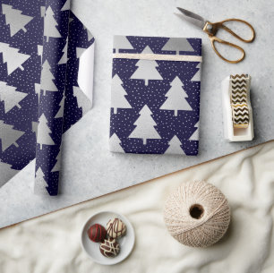 Elegante blauwe en zilveren namaak folie kerstboom cadeaupapier