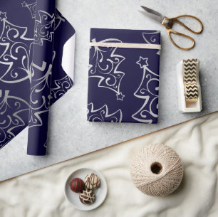 Elegante blauwe en zilveren namaak folie kerstboom cadeaupapier