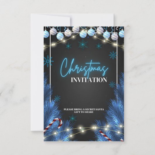 Elegante blauwe en zwarte kerstfeestuitnodigingen kaart (Achterkant)