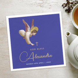 Elegante Blauwe Engel Zegen Doop Gouden Kalligrafi Servet