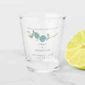 Elegante blauwe Eucalyptus Keepsake Save the Date Shot Glas (Voorkant)
