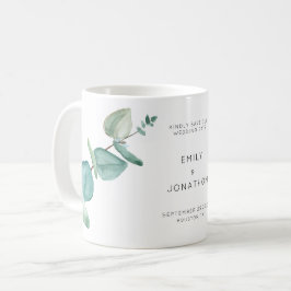 Elegante blauwe eucalyptusbladeren redden de datum koffiemok