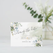 Elegante Blauwe Eucalyptusbladeren Wijzig de Datum Briefkaart (Staand voorkant)