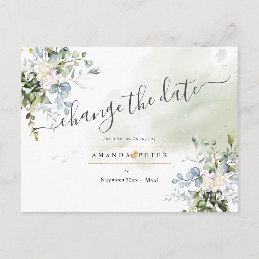Elegante Blauwe Eucalyptusbladeren Wijzig de Datum Briefkaart (Voorkant)