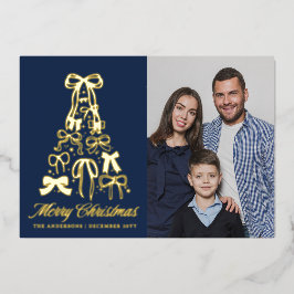 Elegante Blauwe Familie Foto Strikken Kerstmis Folie Feestdagenkaart