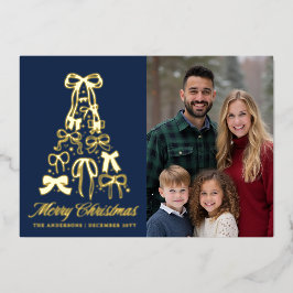 Elegante Blauwe Familie Foto Strikken Kerstmis Folie Feestdagenkaart