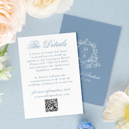 Elegante Blauwe Floral Crest Wedding Details Informatiekaartje