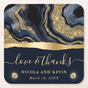 Elegante Blauwe Folie en Gouden Glitter Agate Brui Kartonnen Onderzetters