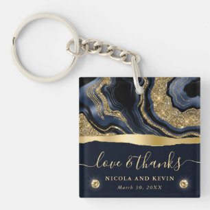 Elegante Blauwe Folie en Gouden Glitter Agate Brui Sleutelhanger
