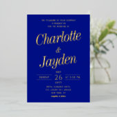 Elegante Blauwe Folie Script Foto Bruiloft Uitnodiging (Staand Voorkant)