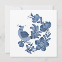 Elegante Blauwe Folk Art Vogel en Bloemige Aangepa