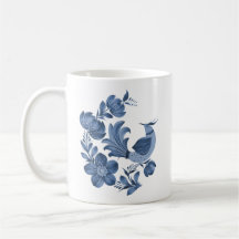 Elegante Blauwe Folk Art Vogel en Bloemige Aangepa