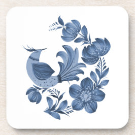 Elegante Blauwe Folk Art Vogel en Bloemmotief Bier Onderzetter