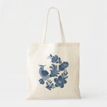 Elegante Blauwe Folk Art Vogel en Bloemmotief 