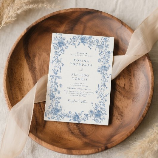 Elegante blauwe Franse Toile Chinoiserie bruiloft Kaart