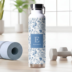 Elegante blauwe Franse toile patroon monogram naam Waterfles