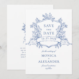 Elegante Blauwe Franse Tuin Bloemen Bruiloft Save The Date
