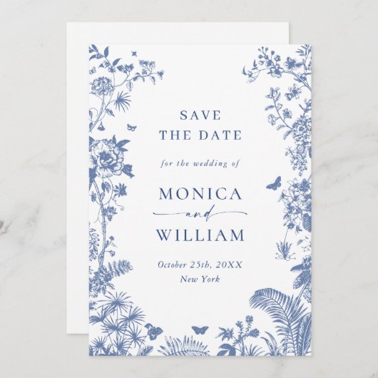 Elegante blauwe Franse tuin bloemige bruiloft Save The Date (Voorkant / Achterkant)