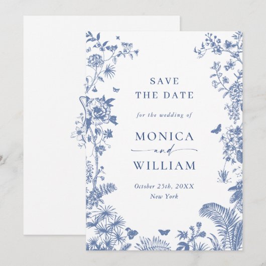 Elegante Blauwe Franse Tuin Bloemige Trouw Save The Date (Voorkant / Achterkant)