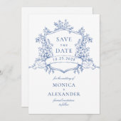 Elegante blauwe Franse tuinfloemen bruiloft Save The Date (Voorkant / Achterkant)
