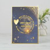 Elegante blauwe galaxy hemelse maan bruiloft goud folie uitnodiging (Staand Voorkant)