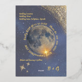 Elegante blauwe galaxy hemelse maan bruiloft goud folie uitnodiging (Achterkant)