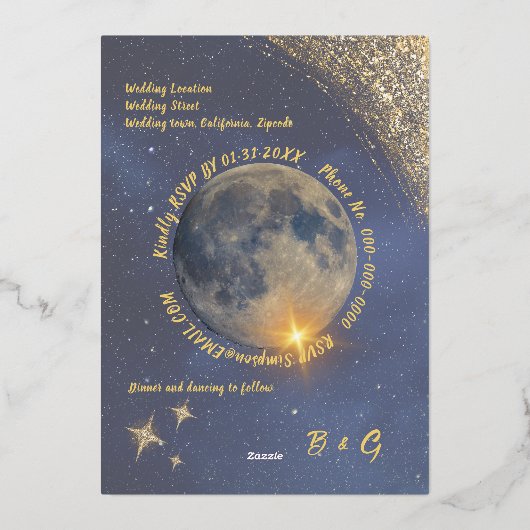 Elegante blauwe galaxy hemelse maan bruiloft goud folie uitnodiging (Achterkant)