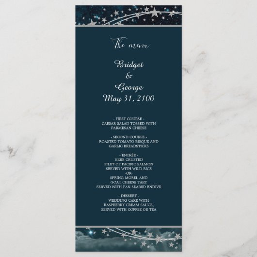 Elegante blauwe Galaxy Sky Wedding Menu (Voorkant)