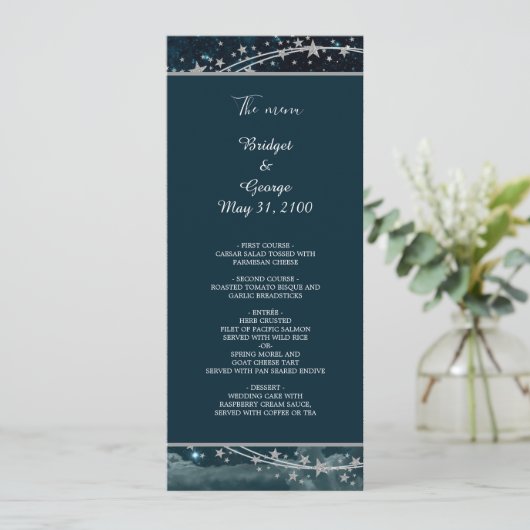 Elegante blauwe Galaxy Sky Wedding Menu (Staand voorkant)