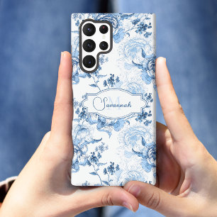 Elegante Blauwe Gegraveerde Bloem Naam/Monogram Samsung Galaxy Hoesje