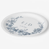 Elegante blauwe gegraveerde bloemenkrans met monog papieren bordje (Gekanteld)