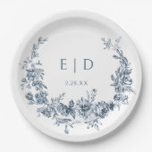 Elegante blauwe gegraveerde bloemenkrans met monog papieren bordje (Voorkant)