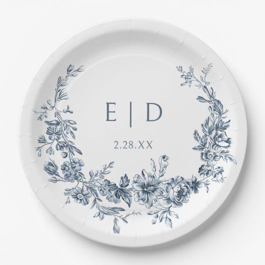Elegante blauwe gegraveerde bloemenkrans met monog papieren bordje (Voorkant)