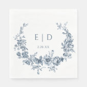 Elegante blauwe gegraveerde bloemenkrans met monog servet (Voorkant)