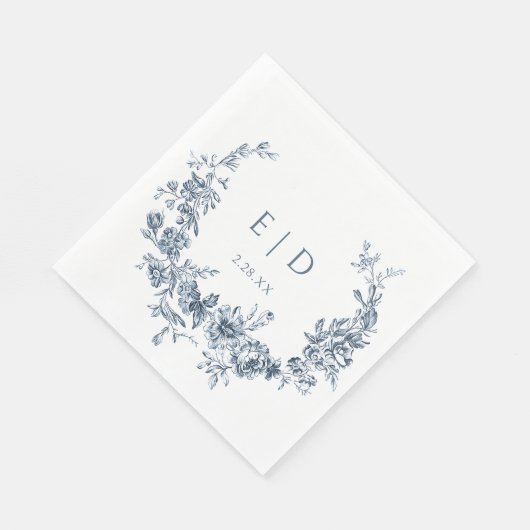 Elegante blauwe gegraveerde bloemenkrans met monog servet (Hoek)