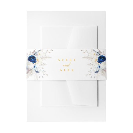 Elegante Blauwe & Gele Bloemen Kalligrafie Huwelij Uitnodigingen Wikkel (Voorkant Voorbeeld)