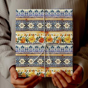 Elegante blauwe gele mediterrane bloementegel cadeaupapier