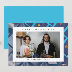 Elegante Blauwe Gelukkig Hanukkah Familie 1 Foto Feestdagenkaart